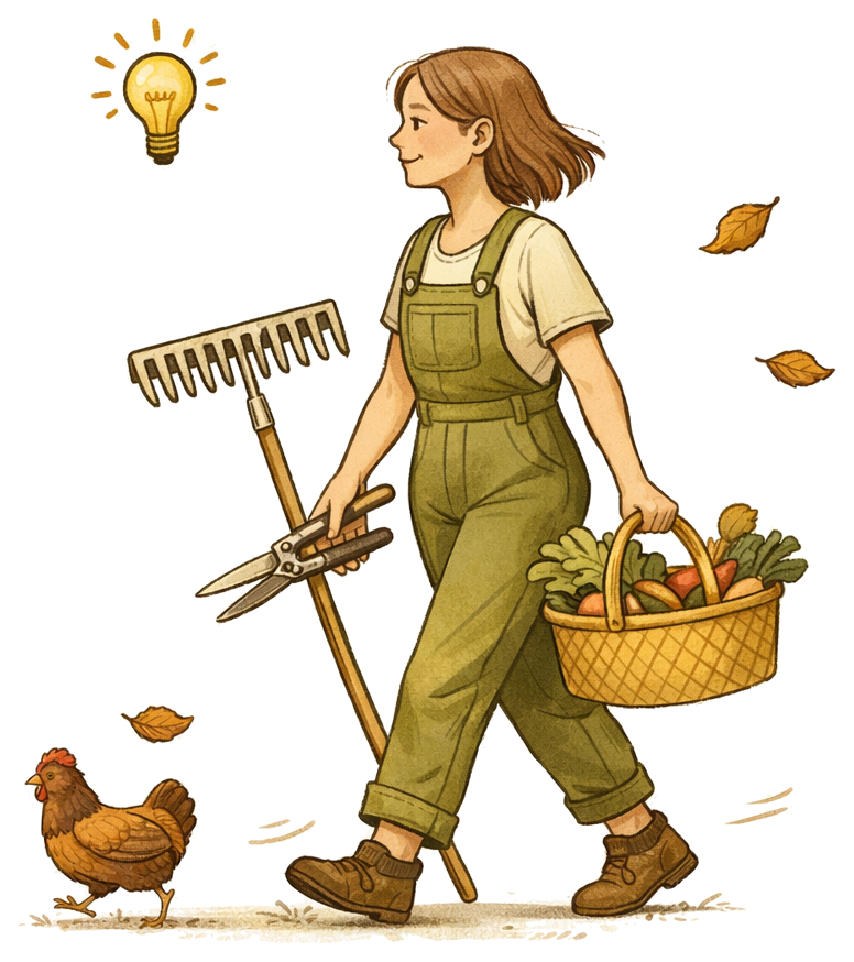 Illustration av Fixar Sara med matkorg, verktyg och höstlöv