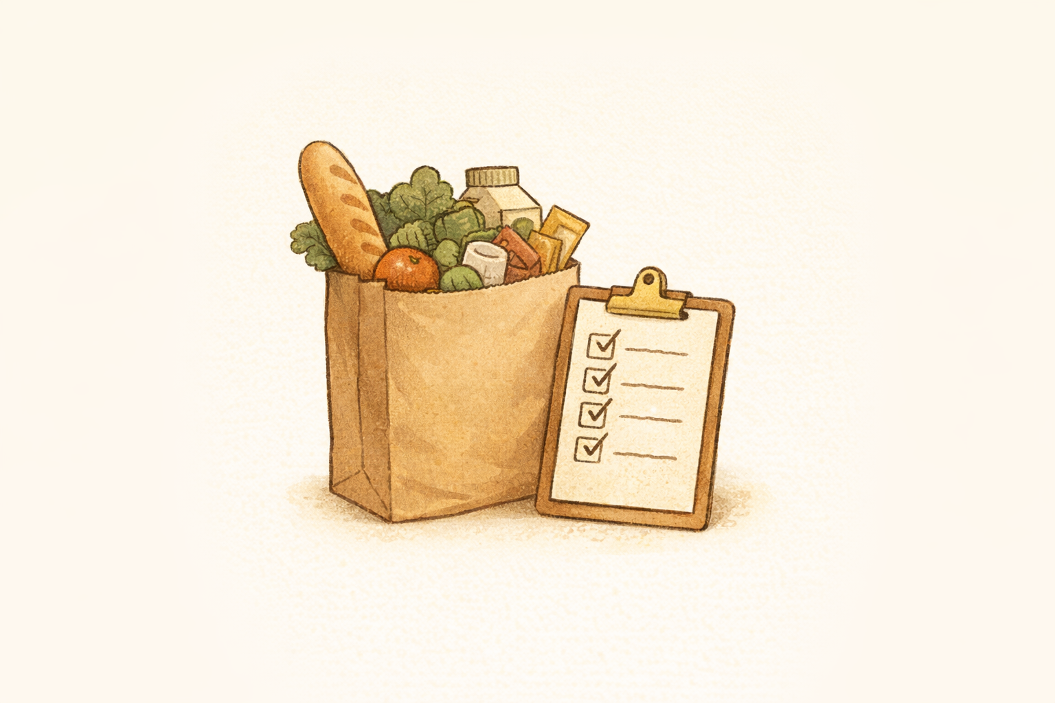 Illustration av matkasse och checklista